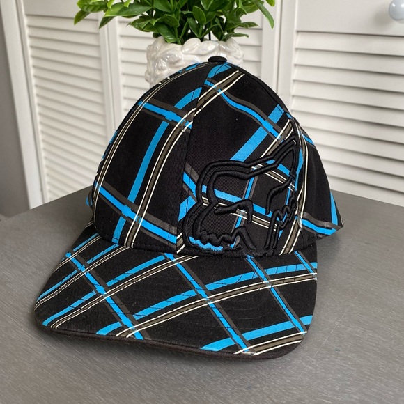 Y2K Fox Racing Blue Black Plaid Flexfit Baseball Cap / Hat - Picture 1 of 5